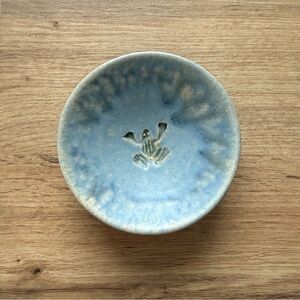 Handmade Ceramic Pottery Trinket Dish Frog Imprint Blue Cute Mini Bowl Tray